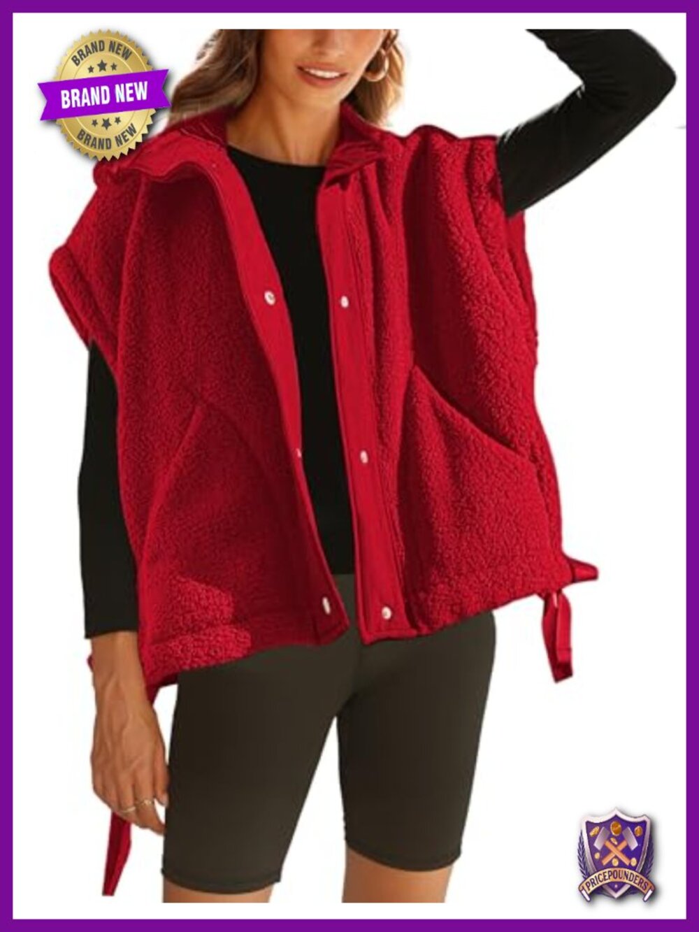 Oversized Sherpa Fleece Vest Sleeveless Button Front Warm